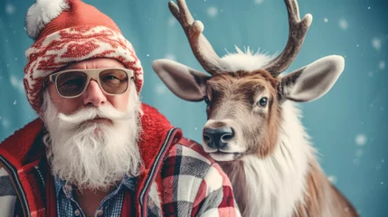 Foto op Plexiglas Modern hipster Santa Claus with fluffy deer on blue background © tashechka