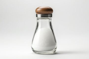 Glass salt shaker spills on white background