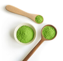 Green tea matcha powder in measuring spoons and cup or bowl - 684055805