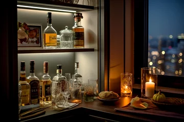 Foto op Canvas Interior minibar, cabinet and table with glasses and glass drink bottles. Wooden home furniture. Cozy and stylish home interior design. Generative AI © Ibnu