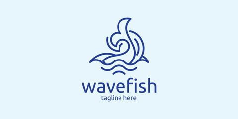 logo combination of waves with fish, minimalist logo.