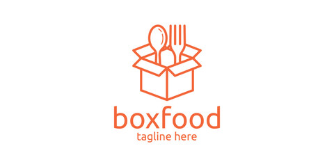 logo combination of box shape with cutlery, food delivery logo.