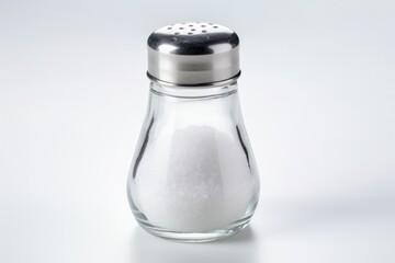 Glass salt shaker spills on white background