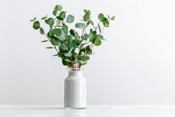 Leaves of green eucalyptus in vase on white table viewed from the front