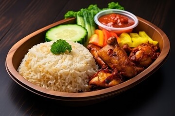 Indonesian food chicken rice tempe vegetables and chili sauce