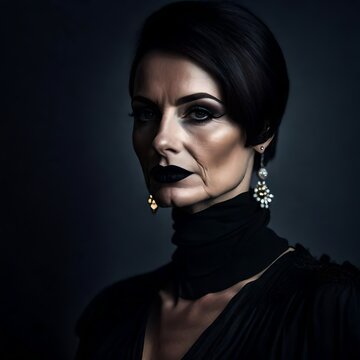 headshot photo of a spooky middle aged italian, goth woman, elegant, short black hair, slim, skinny, black lipstick and black eyeshadow, expensive jewelry, depressed look, looking into the camera