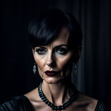 headshot photo of a spooky middle aged italian, goth woman, elegant, short black hair, slim, skinny, black lipstick and black eyeshadow, expensive jewelry, depressed look, looking into the camera