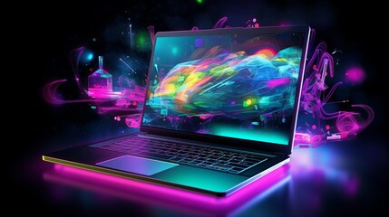 neon glow: futuristic computer technology illustration with vibrant laptop, ideal for cover backgrounds and modern projects