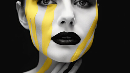 Cheerful young woman with art fashion makeup. An amazing woman with white and yellow makeup