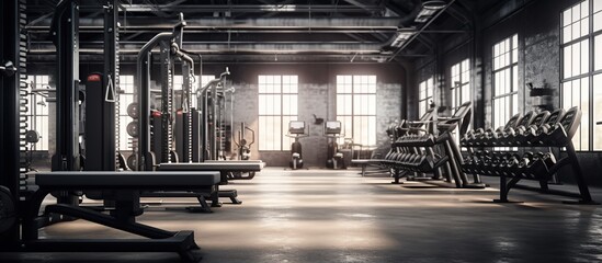 Modern gym interior with fitness equipment. 3d rendering toned image - obrazy, fototapety, plakaty