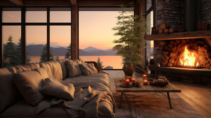 A cozy window seat overlooking an autumn landscape. Generative ai