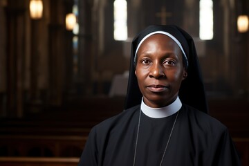 Mature Catholic nun: African American woman in apostolic standing with folded hands quietly smiling sweetly. Catholic nun preparing to serve God in church. - obrazy, fototapety, plakaty