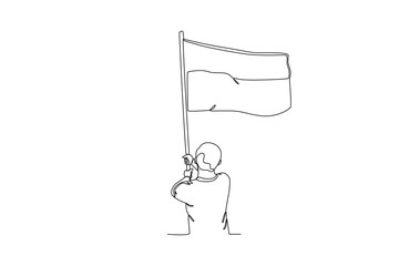 Single one line drawing motivation independence a Man waving Indonesian flag with two hands. Continuous line design vector illustration
