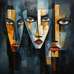 Abstract Triptych Faces Painting