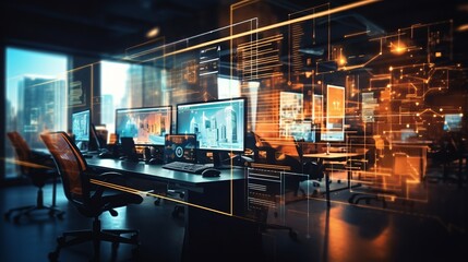 dynamic neon cyberpunk office interior with blurred tech overlay - modern corporate strategy space for finance, operations, marketing