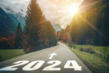 Foto auf Alu-Dibond 2024 New Year road trip travel and future vision concept . Nature landscape with highway road leading forward to happy new year celebration in the beginning of 2024 for bliss and successful start . © Summit Art Creations