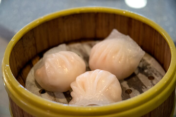 Steamed shrimp dumplings at Chinese dim sum