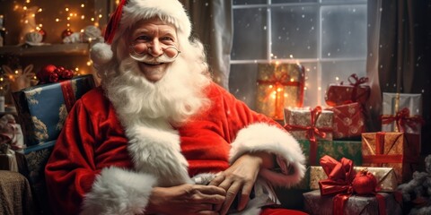 Fototapeta na wymiar old man dressed as Santa Claus is smiling among gifts on Christmas day, generative AI