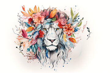 Image of a lion head with colorful tropical flowers on white background. Wildlife Animals.
