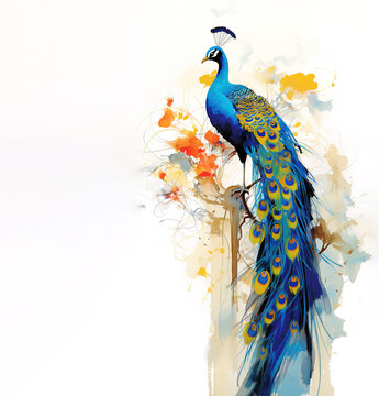Painting of peacock with a beautiful tail perched on a teer branch on a clean background. Bird. Wildlife Animals.