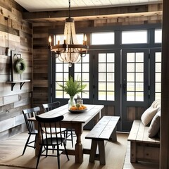 cozy dining room with a farmhouse table and wooden chairs set against a rustic barnwood wall
