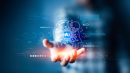 Ai technology analysis, hand point to AI icon network. AI technology Machine learning for data...