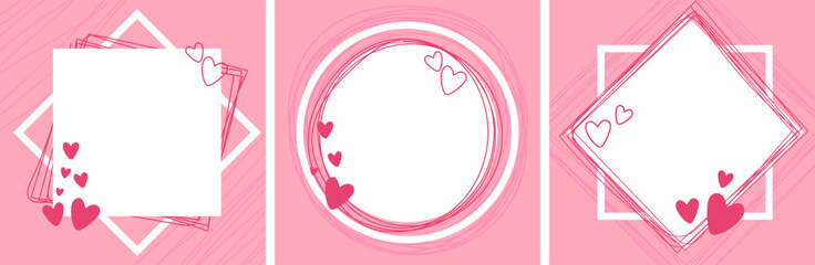 A set of valentine's day cards in pink with hand drawn designs. A set of cute banners.