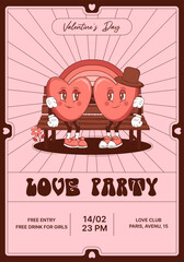 Groovy Invitation for Love Party with cute cartoon character Heart. Retro Valentines Day. Trendy retro 60s 70s style. Red, pink colors. Vector
