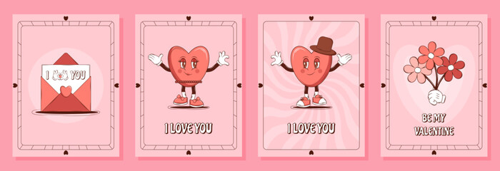 Fototapeta na wymiar Retro lovely cartoon heart set of poster. Cute Groovy card, postcard, print. Happy Valentines Day. Trendy retro 60s 70s style. Red, pink colors. Vector