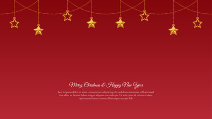 Fototapeta na wymiar Simple Dark Red Christmas Greeting Background With Hanging Golden Stars Decoration
