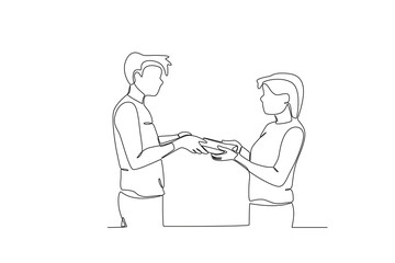 Single one line drawing a The man who borrowed books from the librarian. online education concept. Single line draw design vector graphic illustration
