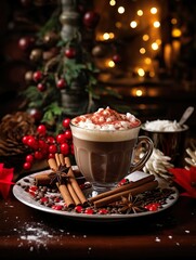 A warm cup of coffee captured in beautiful, creative Christmas seasonal photography, exuding tastiness in a high-definition image