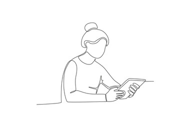 Single one line drawing a Woman reading a book in the library while sitting. online education concept. Single line draw design vector graphic illustration
