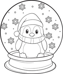 Penguin Cartoon. Christmas glass sphere. Coloring Page for Adults and Kids. Hand drawn.
