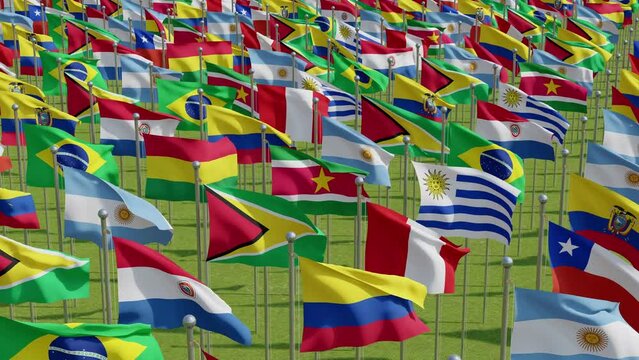 Set of flags of South American countries. Latin American countries. National flags waving on a clear day. 3d rendering animation.