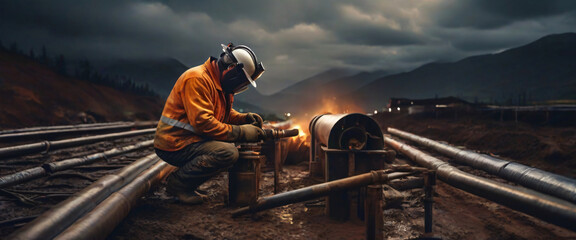 Skilled welder assembling durable pipelines for infrastructure project