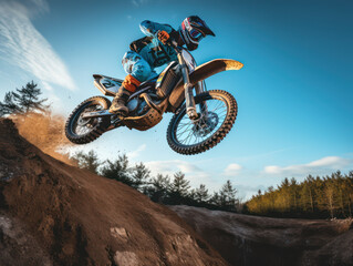 photo of a blue professional motocross rider performing a jumping action against a blue sky background