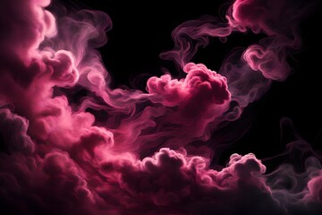 Generative AI illustration of magenta and pink fluffy pastel ink smoke cloud against black...