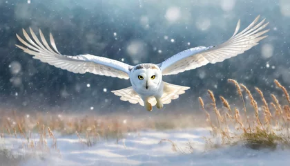 Photo sur Plexiglas Harfang des neiges snowy owl in low flight in winter with snowfall