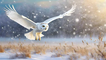 Fotobehang Sneeuwuil snowy owl in low flight in winter with snowfall