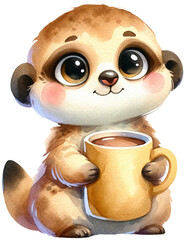 An adorable watercolor meerkat holding a cocoa mug clipart - perfectly isolated, with soft natural watercolor texture. Cozy winter mood.