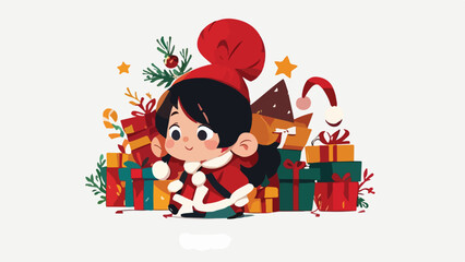 Christmas Background. Illustration of a little girl with a Christmas gift