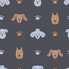 Dogs modern seamless pattern with paw print. Trendy hand drawn doggy repeat vector illustration on dark background for pets, fabric, textile, card. Minimal design.