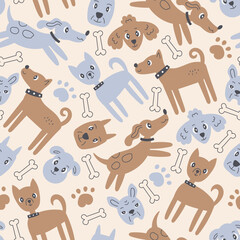 Dogs hand drawn seamless pattern with bones. Cute colorful doggy endless background with cartoon doodle animals, heads, paw prints for pets, fabric, textile. Trendy vector illustration