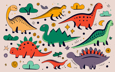 Obraz premium Artistic Exploration of Children's Diverse Dinosaur Creations in Living Color