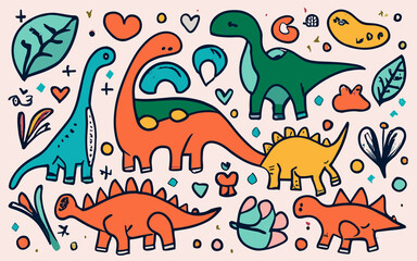 Obraz premium Dino Dreams A Kaleidoscope of Children's Imagination Featuring a Variety of Playful Dinosaur Illustrations