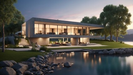 Obraz premium Luxurious House by the Lake with Stunning Mirror-Like Reflection 