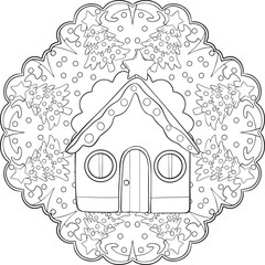 Hand-drawn. Winter House cartoon and Christmas Trees Mandala. Doodles art for Merry Christmas or Happy New Year card. Coloring page for adult and kids.