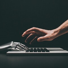 robot hand typing on a laptop while a human hand reaches out to stop it - obrazy, fototapety, plakaty