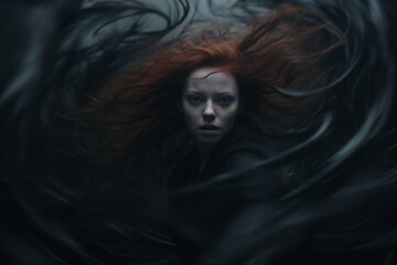 Fantasy Artwork of a Girl With Red Hair Surrounded by Swirling Black Tendrils - obrazy, fototapety, plakaty